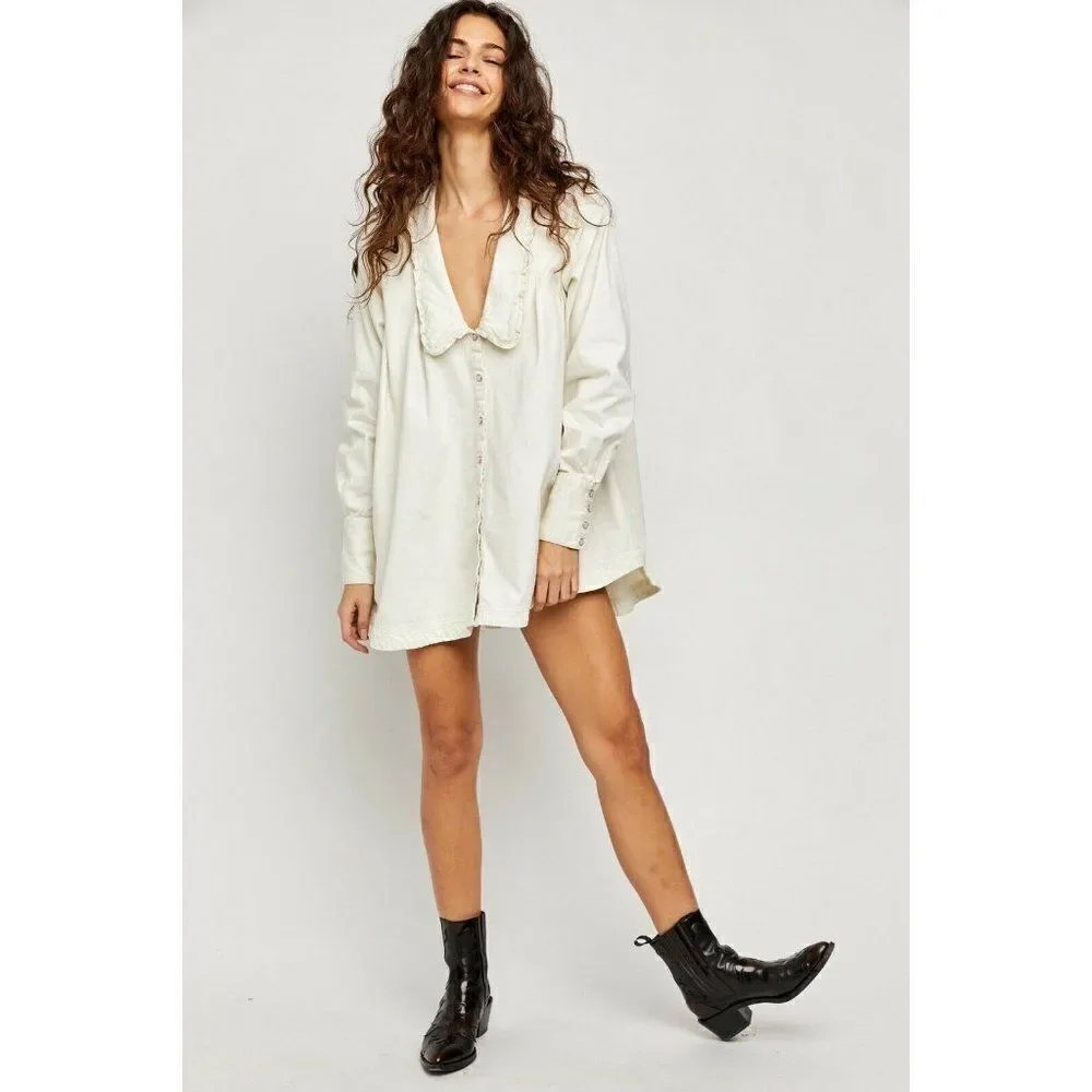 NEW FREE PEOPLE Sz CHARLIE DENIM BUTTON DOWN TUNIC TOP MINI DRESS IN E…
